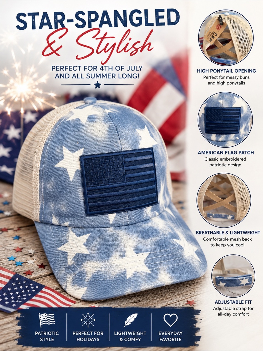 American Flag Star Print Mesh-Back Baseball Cap - Blue